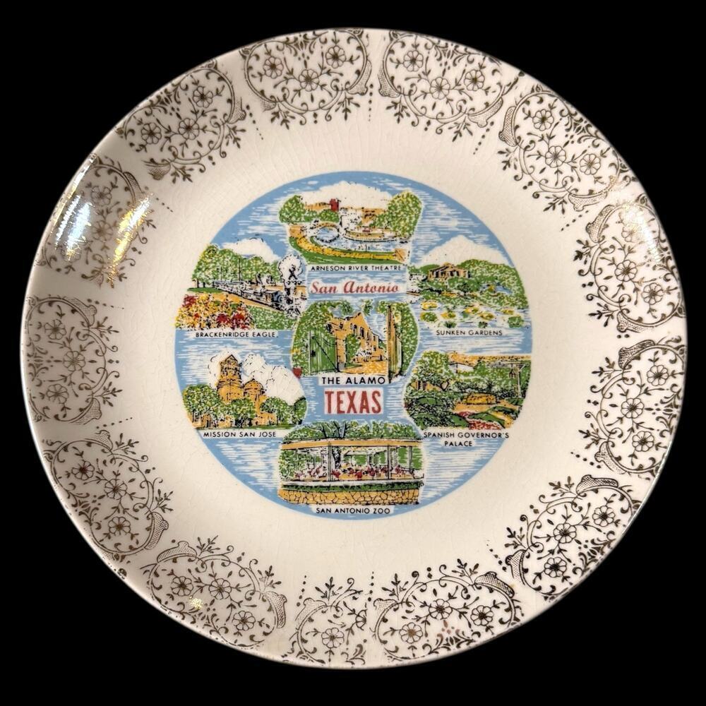 Vintage Texas San Antonio Souvenir Plate 22k Gold Trim The Sabina Line 7.25” 60s